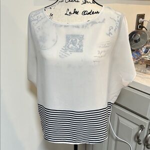 LOFT White Blouse with Blue Stripes, Small, Classic Beauty, loose fitting